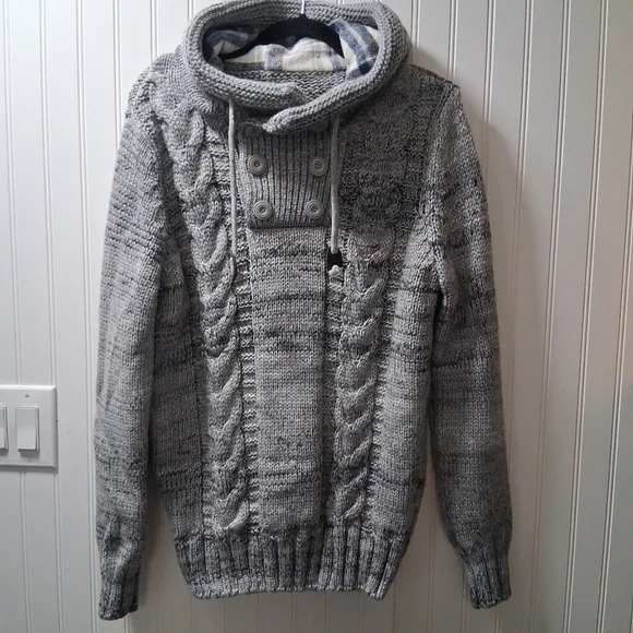 Men's Gray Cable Knit Sweater with Button Detail - Picture 1 of 16